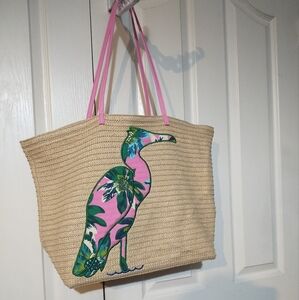 Vera Bradley Pink and Tan Woven Tote flamingo with Botanical Design
